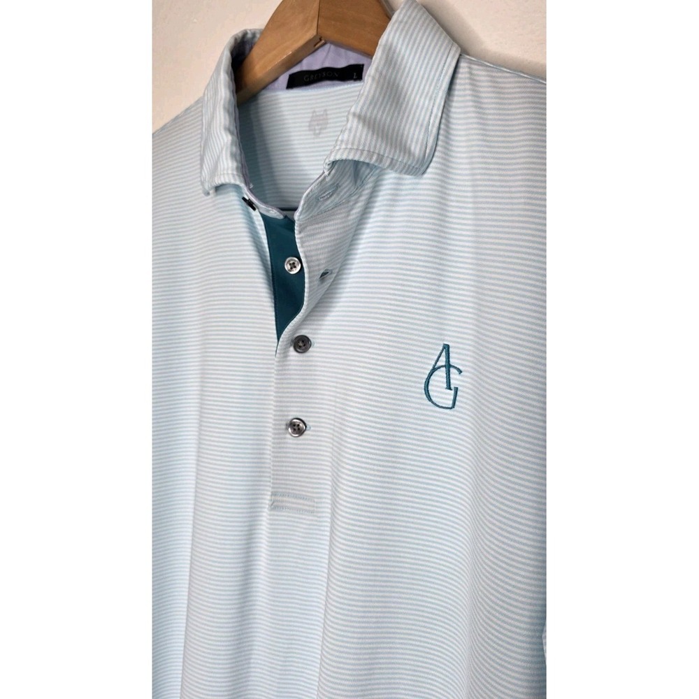 New Greyson Polo Golf Shirt Men L Striped Teal Blue Wolf Logo Performance Casual